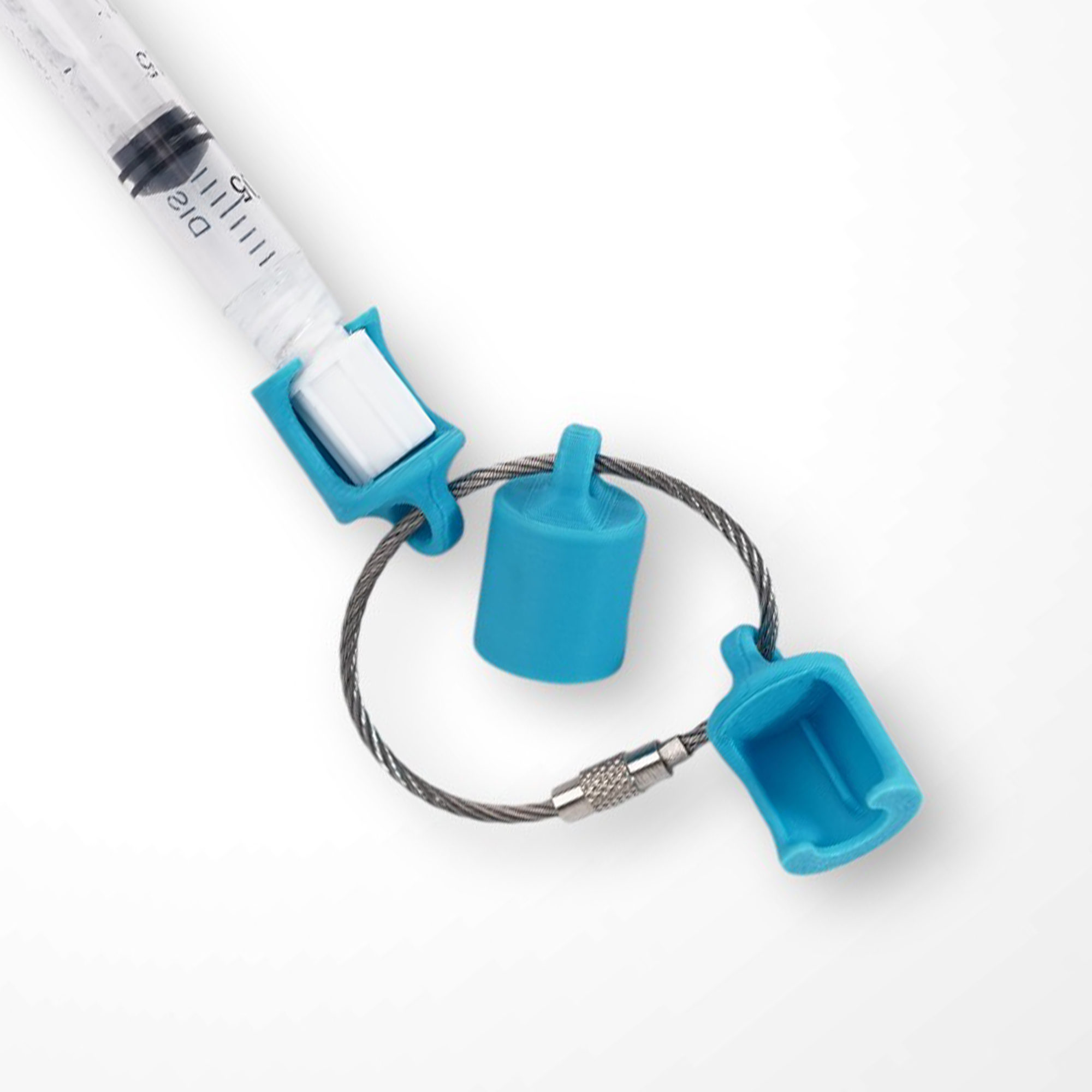 Three blue polylactic acid created using additive manufacturing classic cap clips on steel cable keyring. Featured attached to a syringe. Shown on a white background.
