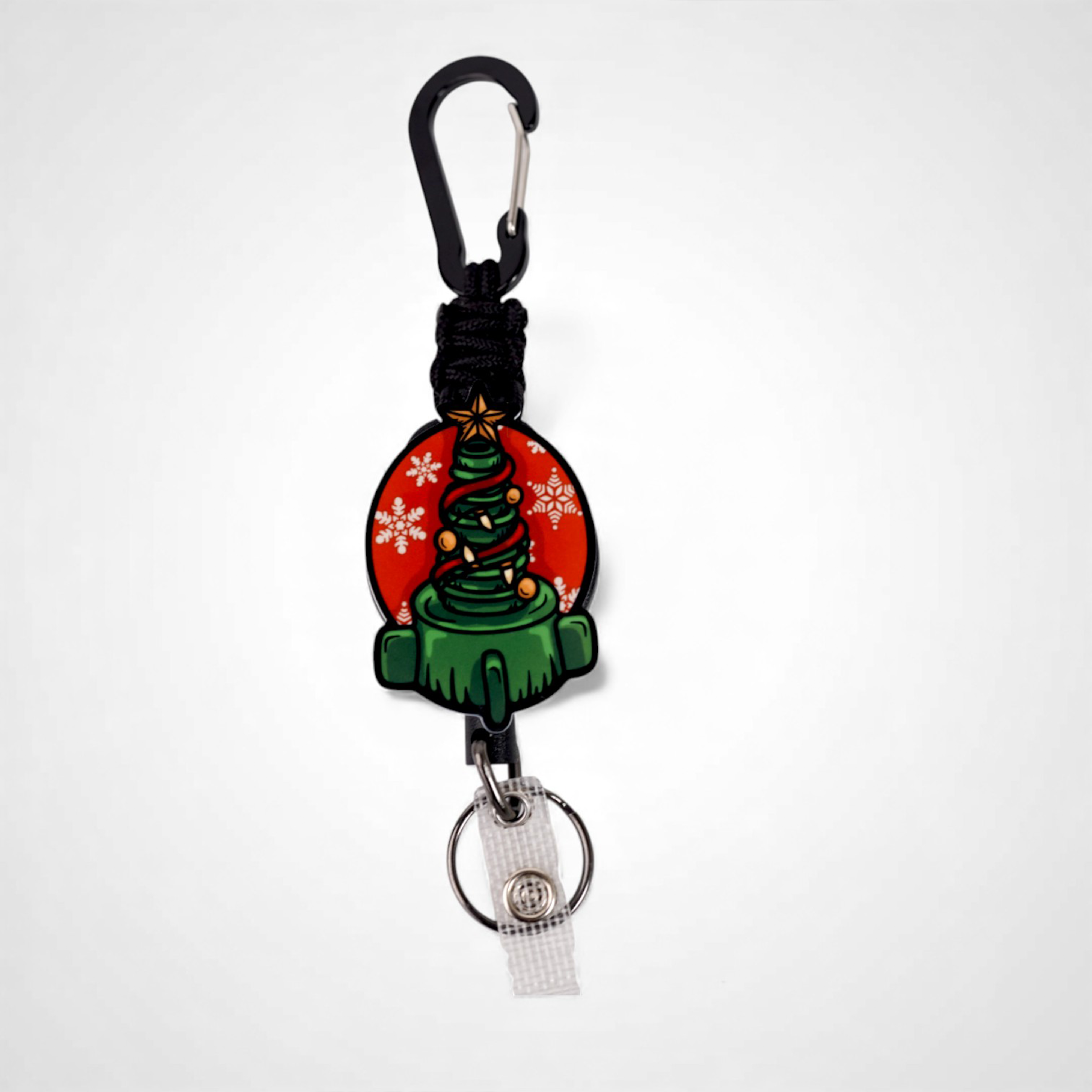 oxygen tree christmas tree badge reel design carabiner for healthcare workers, nurses, respiratory therapist, EMT, paramedic zoomed out view