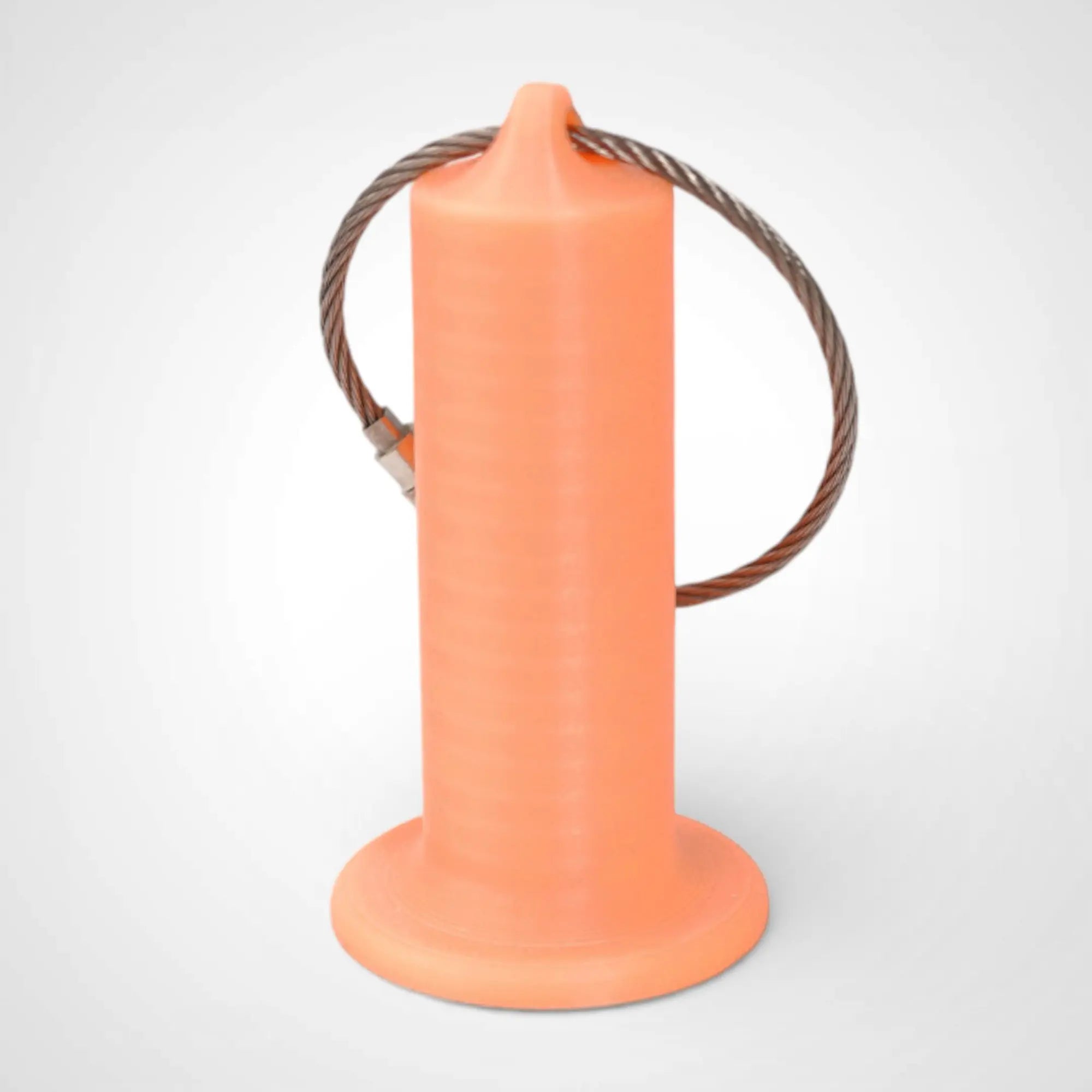 Orange/Glow Yellow 2-inch roll holder made with polylactic acid, created using additive manufacturing for holding tape and bandage rolls. With a steel cable keyring. Shown on white background.