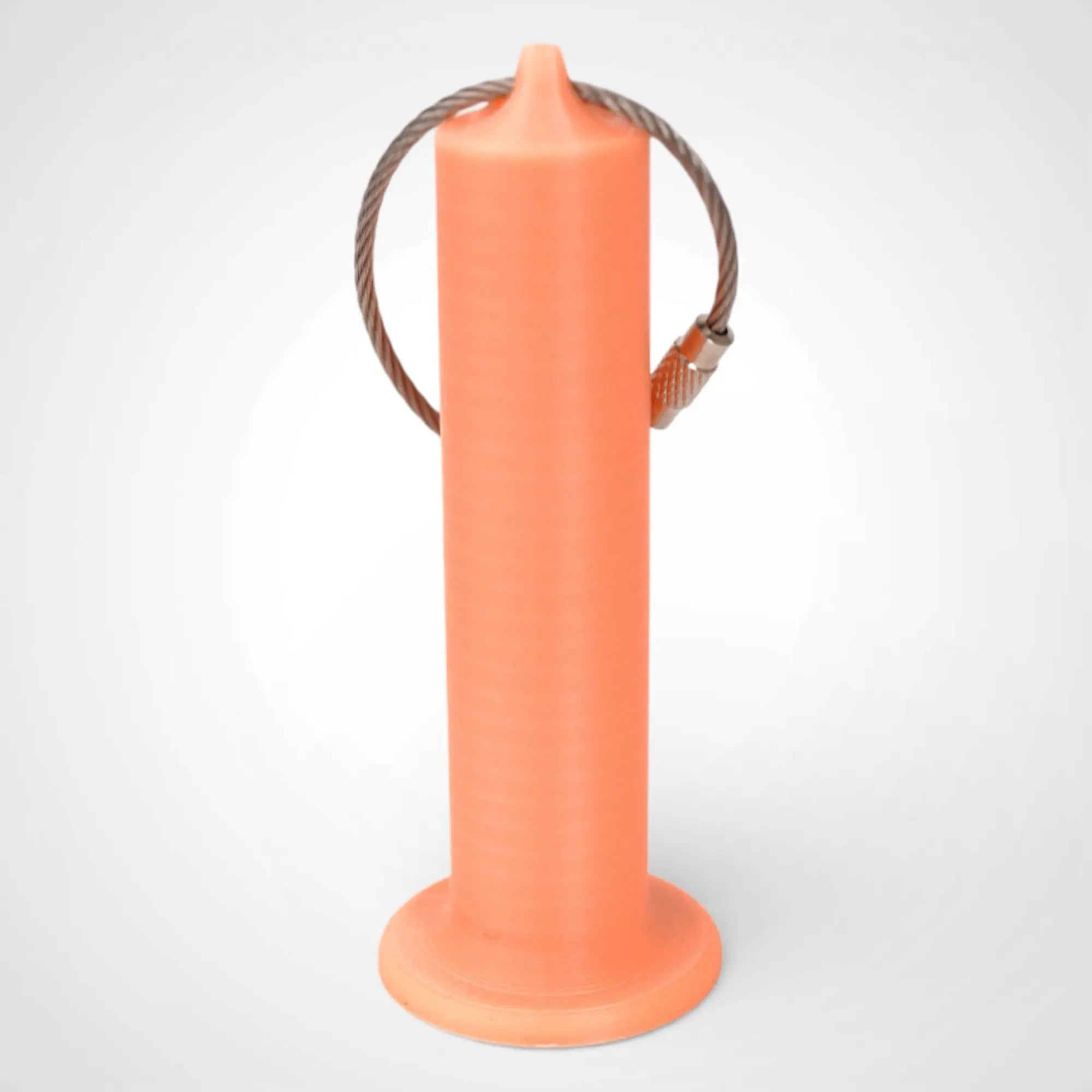 Orange/Glow Yellow 3-inch roll holder made with polylactic acid, created using additive manufacturing for holding tape and bandage rolls. With a steel cable keyring. Shown on white background.