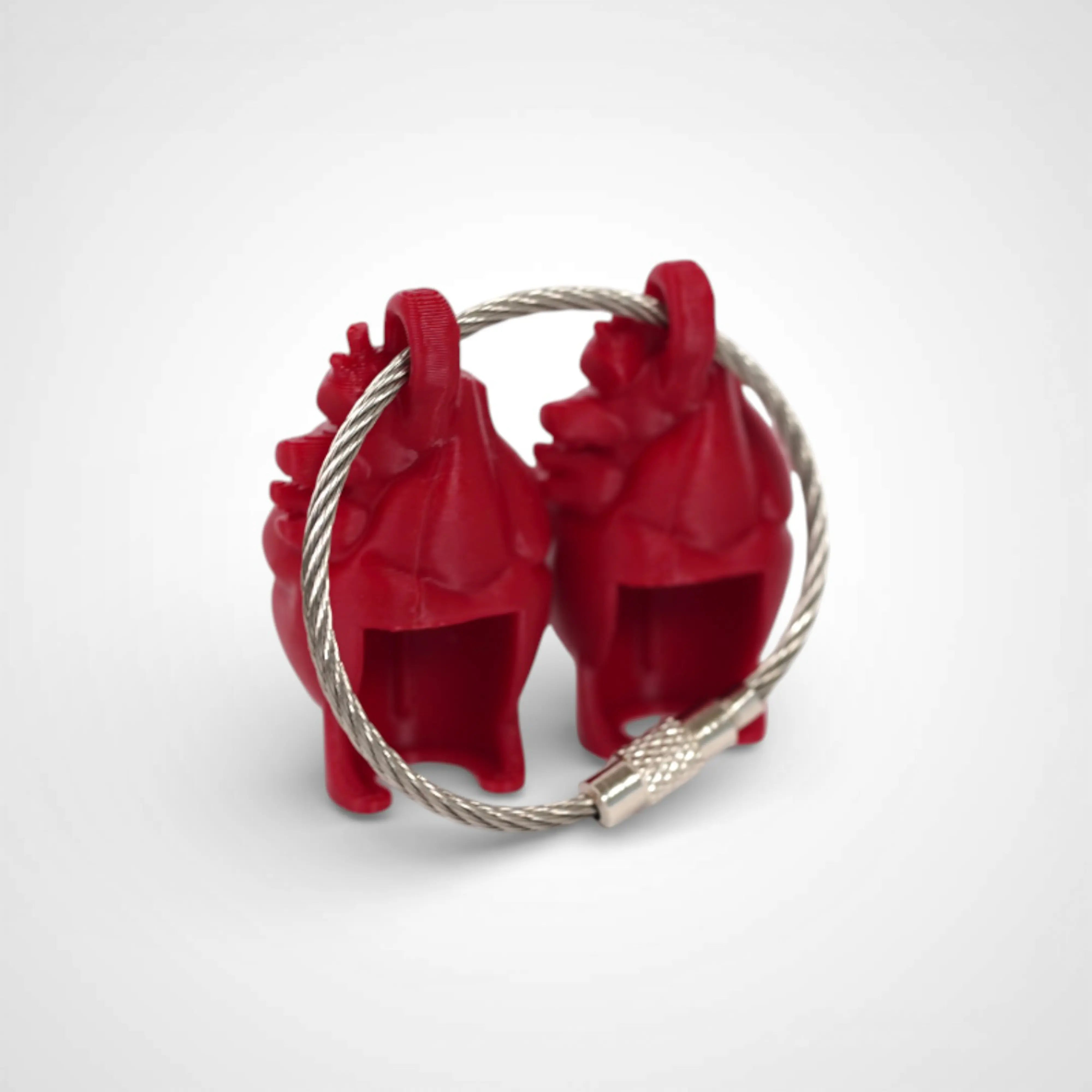 Two red polylactic acid created using additive manufacturing anatomical heart cap clips on steel cable keyring. Shown on a white background.