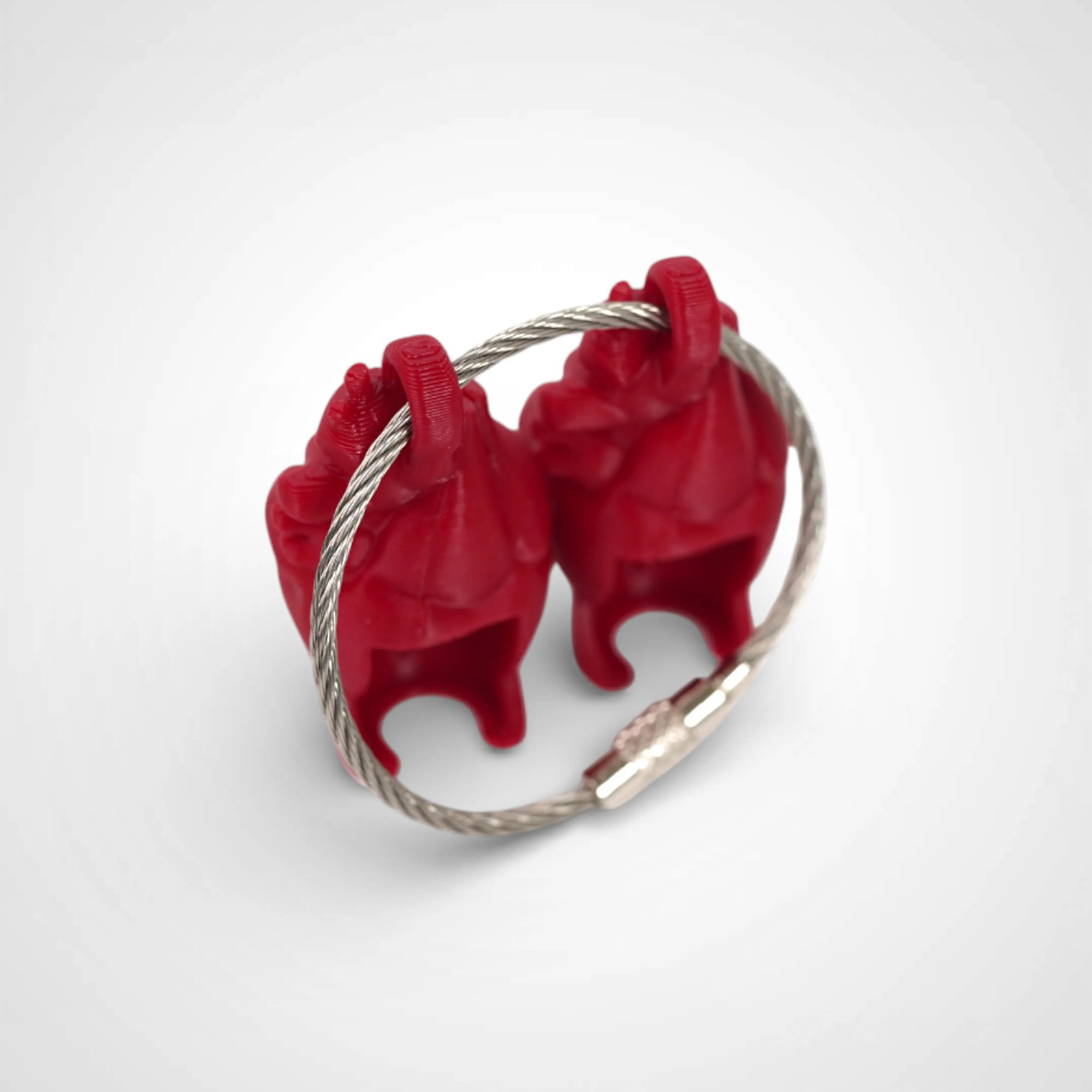 Two red polylactic acid created using additive manufacturing anatomical heart cap clips on steel cable keyring. Shown on a white background.