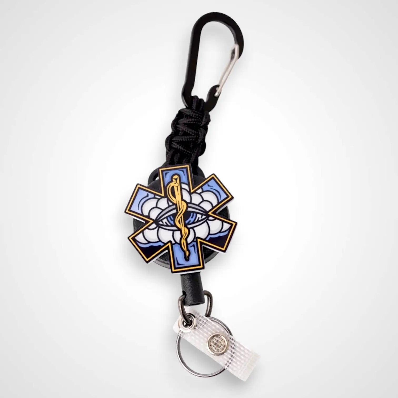 White Cloud badge reel. On a carabiner with a steel retractable cable. Shown on a white background.