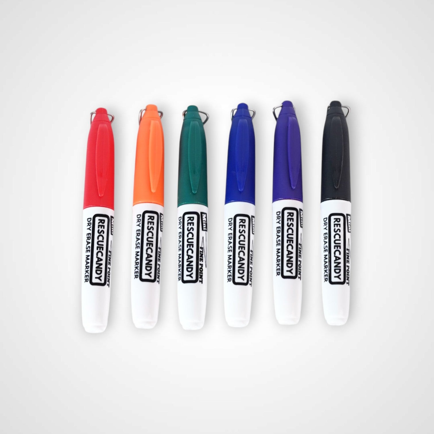 Red, orange, green, blue, purple, and black dry erase keychain with Rescuecandy logo.