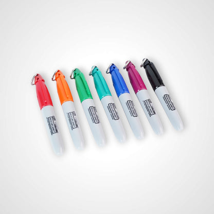 Red, orange, green, teal, blue, purple, and black Sharpie keychain with Rescuecandy logo.