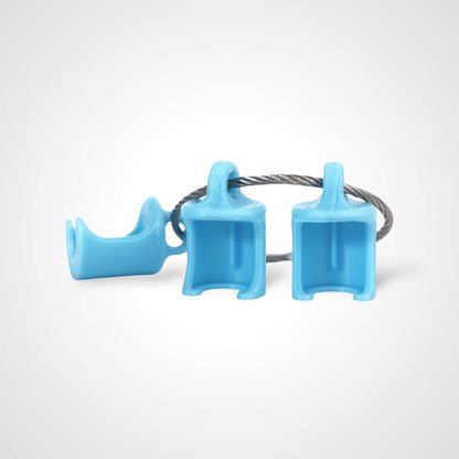 Three blue polylactic acid created using additive manufacturing classic cap clips on steel cable keyring. Shown on a white background.
