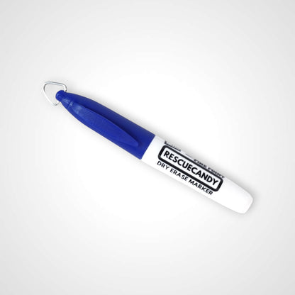 Blue dry erase keychain with Rescuecandy logo.