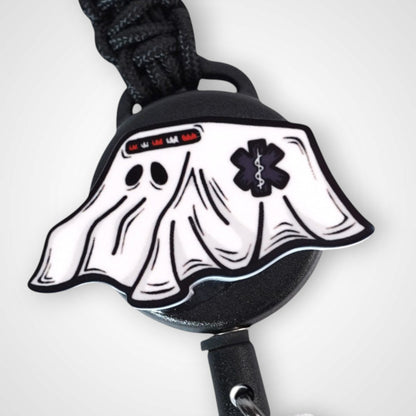 Ghost ambulance badge reel. On a carabiner with steel retractable cable. Shown on a white background.