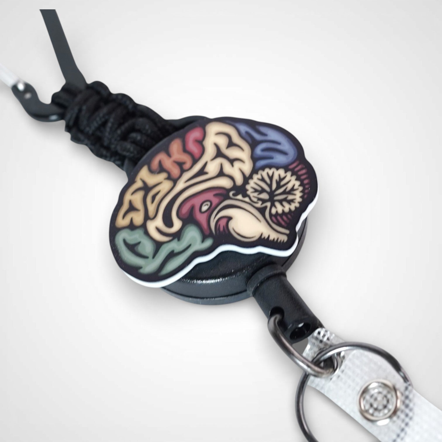 Sagittal brain badge reel. On a carabiner with a steel retractable cable. Shown on a white background.