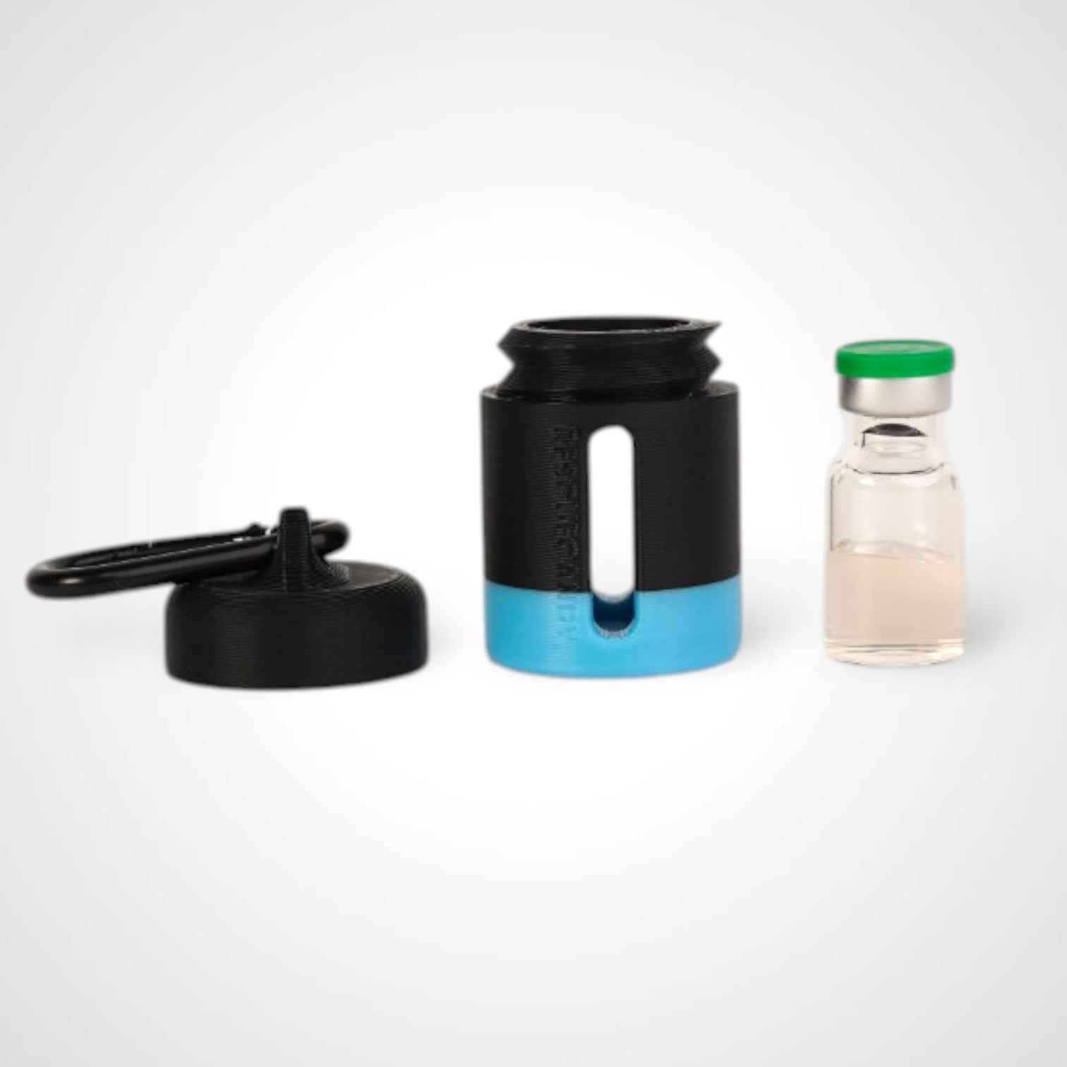 Black with blue stripe vial vault. For empty 2ml or smaller vials, made with polylactic acid created using additive manufacturing. With 1.37" stainless steel black coated carabiner. Shown next to vial on white background.