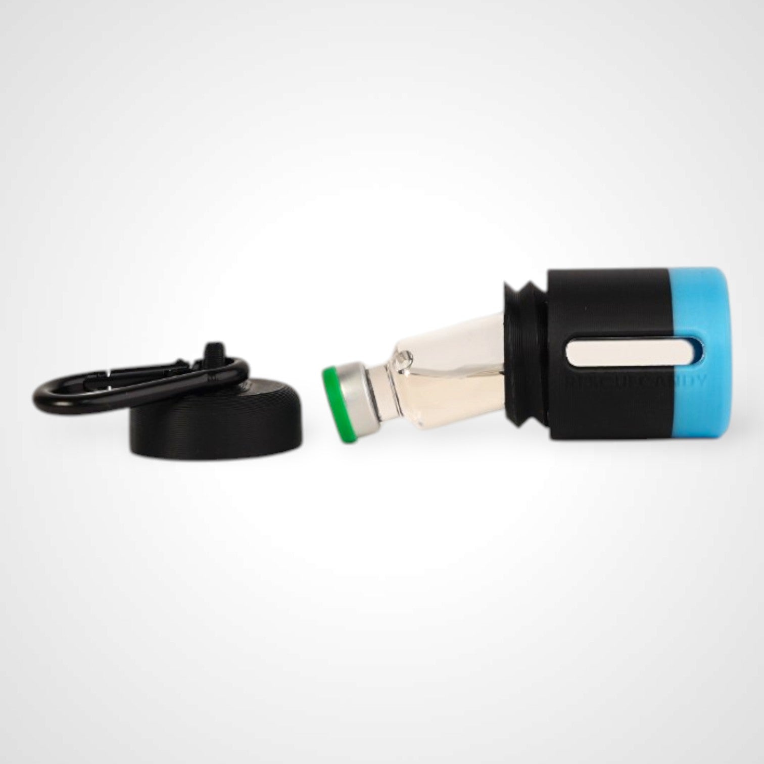 Black with blue stripe vial vault. For empty 2ml or smaller vials, made with polylactic acid created using additive manufacturing. With 1.37" stainless steel black coated carabiner. Shown with vial in it on white background.
