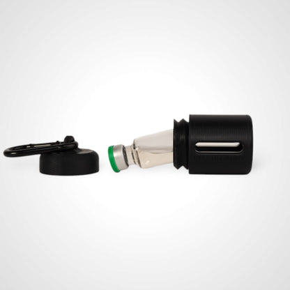 Black vial vault. For empty 2ml or smaller vials, made with polylactic acid created using additive manufacturing. With 1.37" stainless steel black coated carabiner. Shown with vial in it on white background.