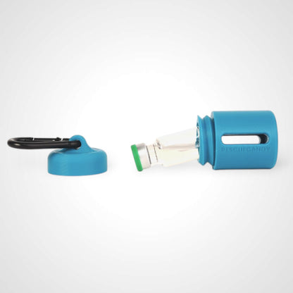 Blue vial vault. For empty 2ml or smaller vials, made with polylactic acid created using additive manufacturing. With 1.37" stainless steel black coated carabiner. Shown with vial in it on white background.