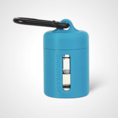Blue vial vault. For empty 2ml or smaller vials, made with polylactic acid created using additive manufacturing. With 1.37" stainless steel black coated carabiner. Shown with vial in it on white background.