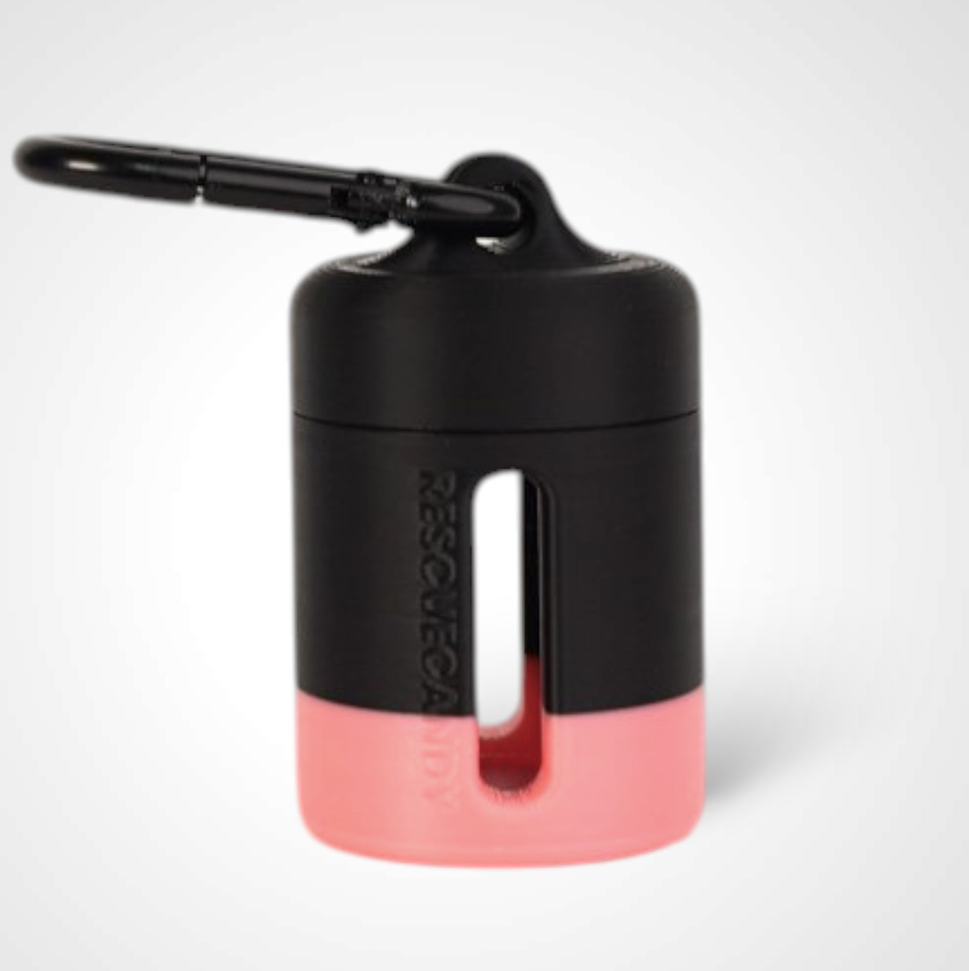 Black with pink stripe vial vault. For empty 2ml or smaller vials, made with polylactic acid created using additive manufacturing. With 1.37" stainless steel black coated carabiner. Shown on white background.