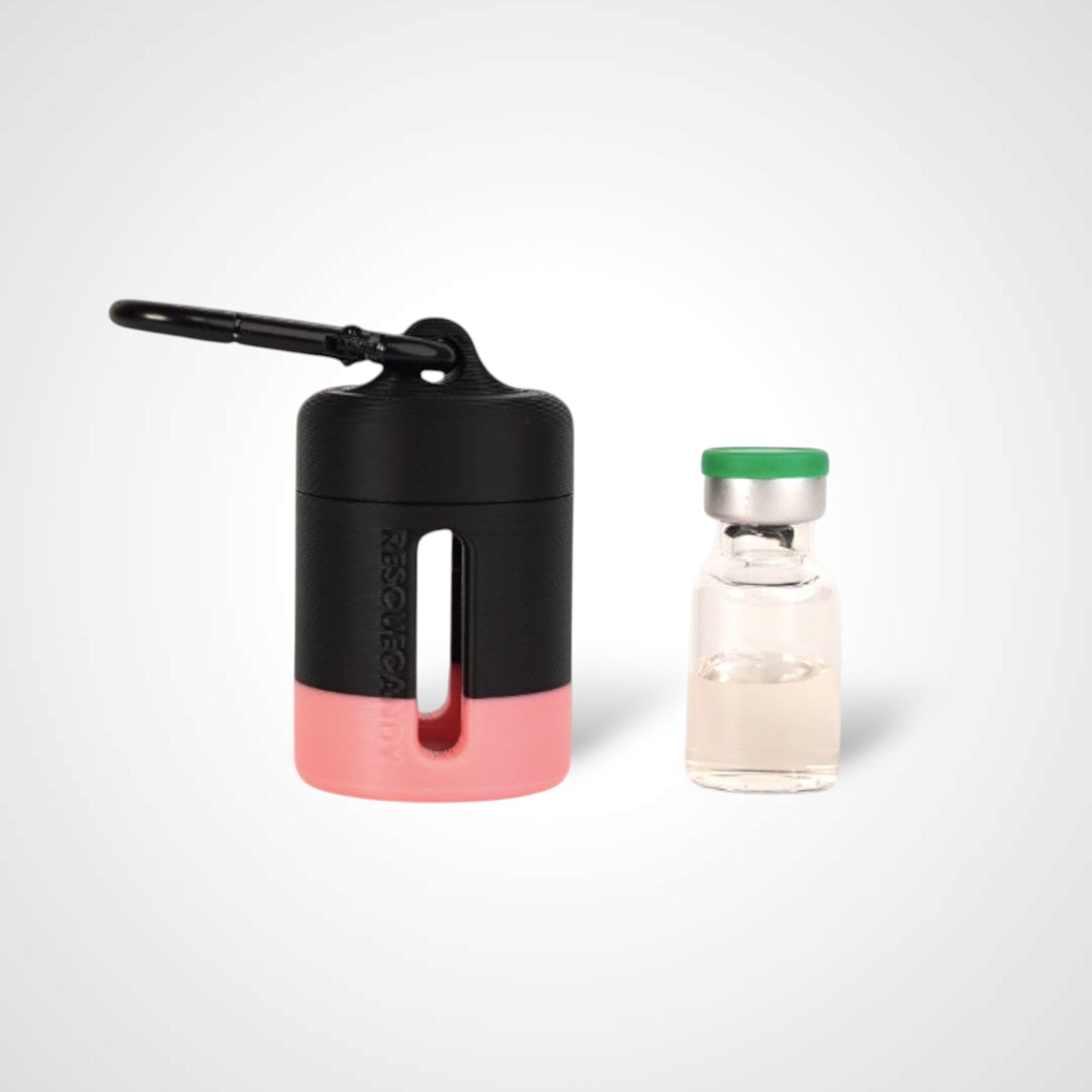 Black with pink stripe vial vault. For empty 2ml or smaller vials, made with polylactic acid created using additive manufacturing. With 1.37" stainless steel black coated carabiner. Shown next to vial on white background.