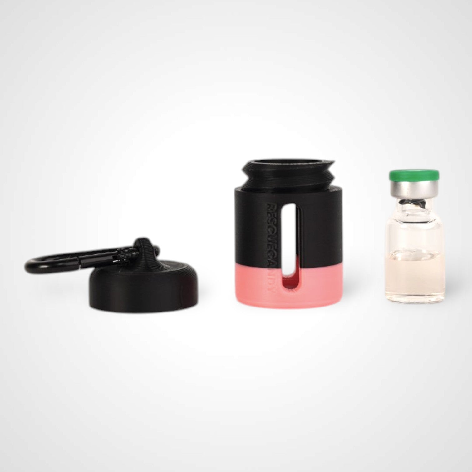 Black with pink stripe vial vault. For empty 2ml or smaller vials, made with polylactic acid created using additive manufacturing. With 1.37" stainless steel black coated carabiner. Shown next to vial on white background.
