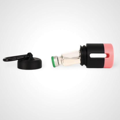 Black with pink stripe vial vault. For empty 2ml or smaller vials, made with polylactic acid created using additive manufacturing. With 1.37" stainless steel black coated carabiner. Shown with vial in it on white background.