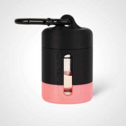 Black with pink stripe vial vault. For empty 2ml or smaller vials, made with polylactic acid created using additive manufacturing. With 1.37" stainless steel black coated carabiner. Shown with vial in it on white background.