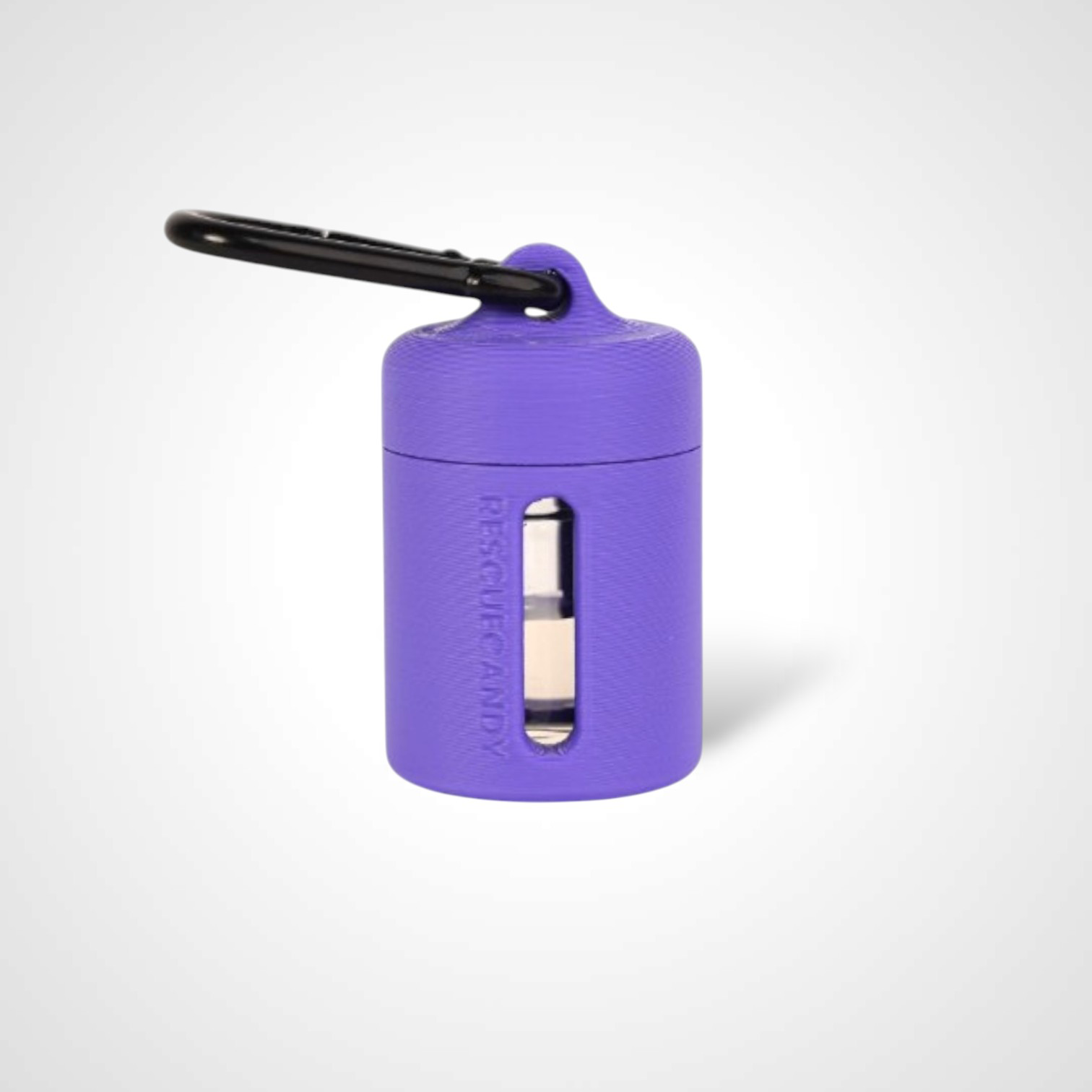 Purple vial vault. For empty 2ml or smaller vials, made with polylactic acid created using additive manufacturing. With 1.37" stainless steel black coated carabiner. Shown with vial in it on white background.