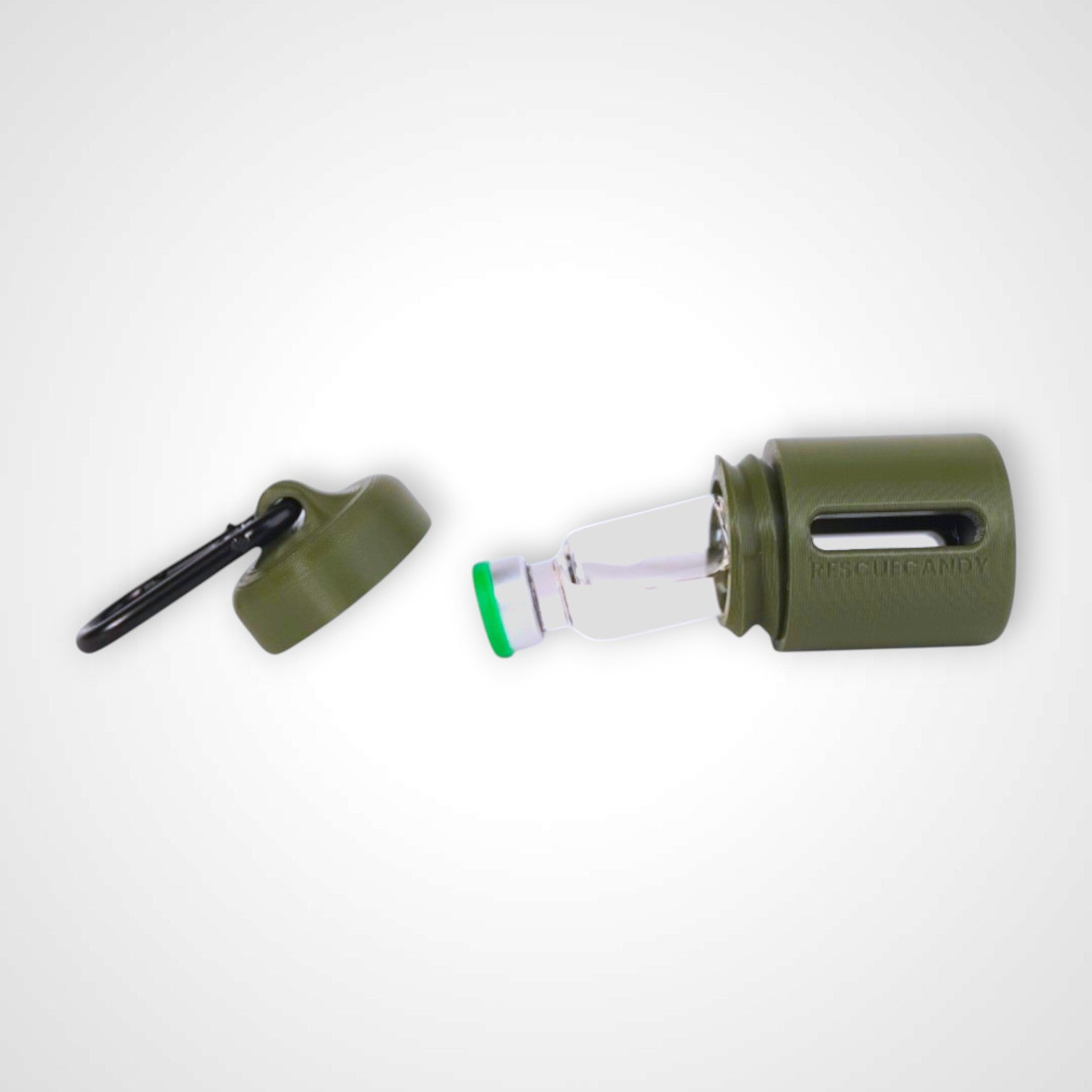 Army Green vial vault. For empty 2ml or smaller vials, made with polylactic acid created using additive manufacturing. With 1.37" stainless steel black coated carabiner. Shown with vial in it on white background.