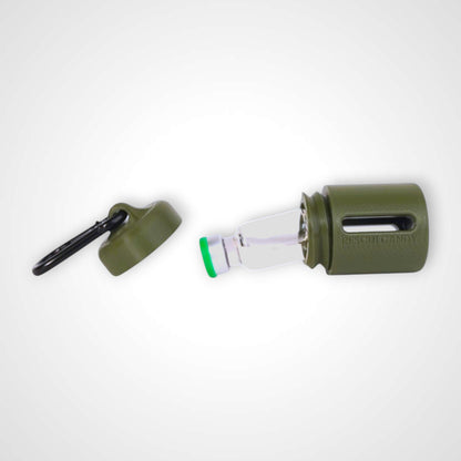 Army Green vial vault. For empty 2ml or smaller vials, made with polylactic acid created using additive manufacturing. With 1.37" stainless steel black coated carabiner. Shown with vial in it on white background.