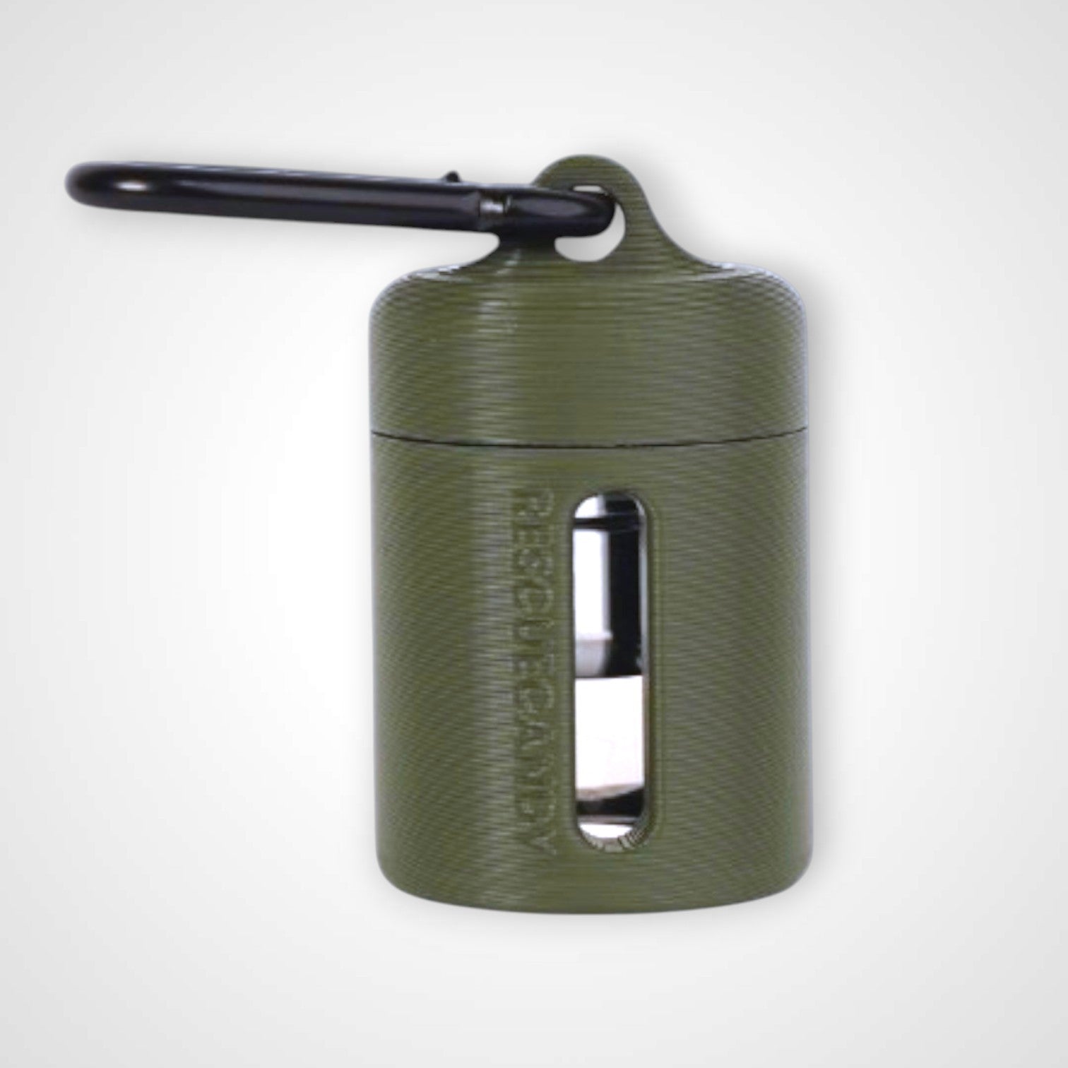 Army Green vial vault. For empty 2ml or smaller vials, made with polylactic acid created using additive manufacturing. With 1.37" stainless steel black coated carabiner. Shown with vial in it on white background.