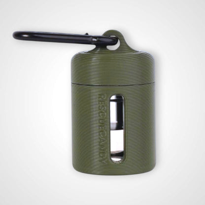 Army Green vial vault. For empty 2ml or smaller vials, made with polylactic acid created using additive manufacturing. With 1.37" stainless steel black coated carabiner. Shown with vial in it on white background.