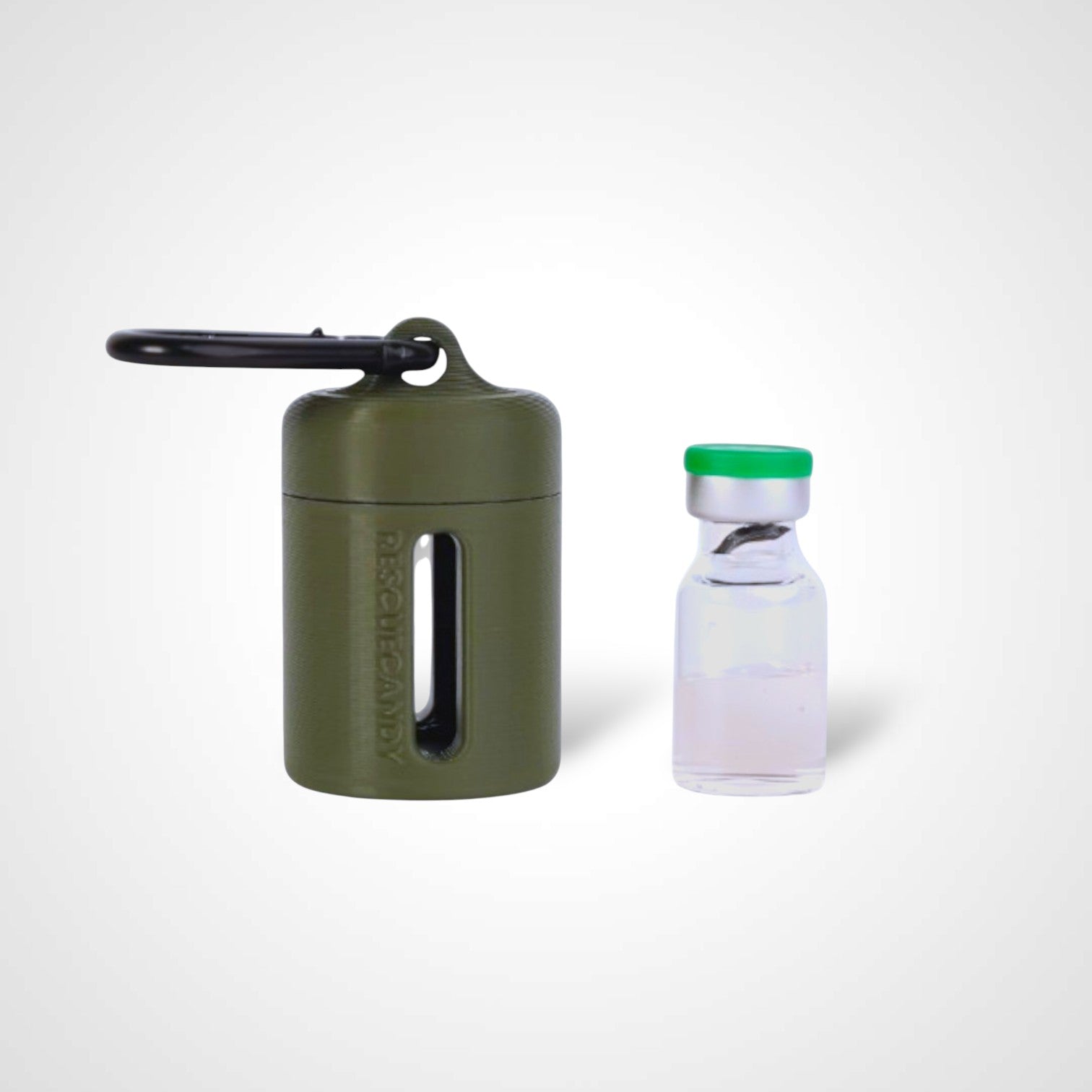 Army Green vial vault. For empty 2ml or smaller vials, made with polylactic acid created using additive manufacturing. With 1.37" stainless steel black coated carabiner. Shown next to vial on white background.