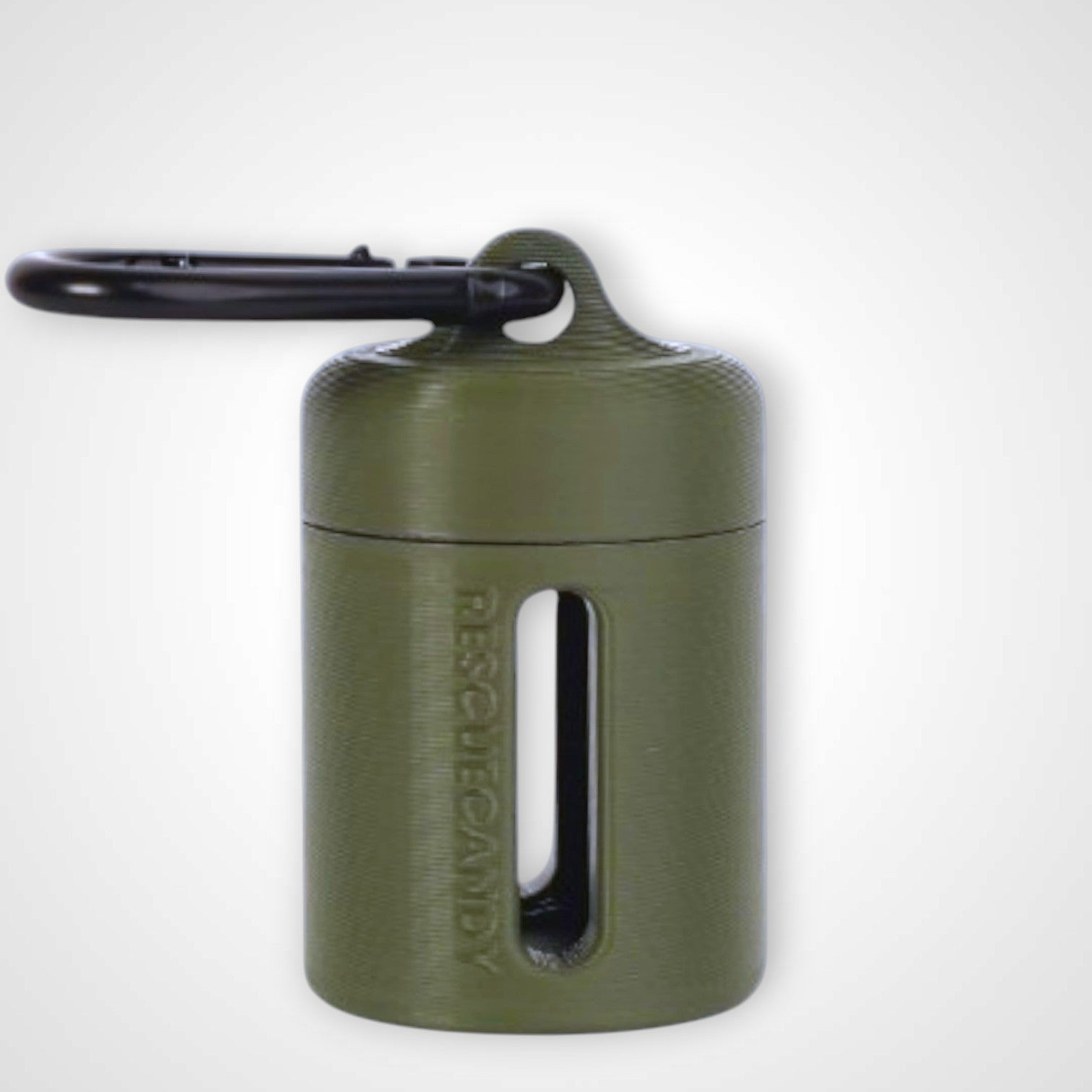 Army Green vial vault. For empty 2ml or smaller vials, made with polylactic acid created using additive manufacturing. With 1.37" stainless steel black coated carabiner. Shown on white background.