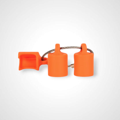 Three orange polylactic acid created using additive manufacturing classic cap clips on steel cable keyring. Shown on a white background.