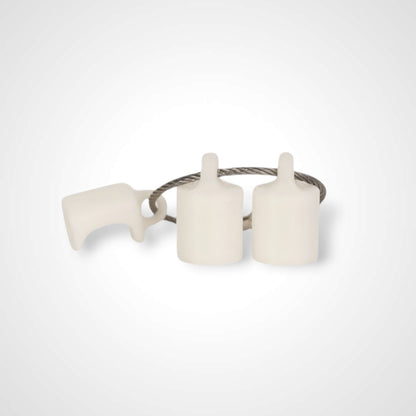 Three white polylactic acid created using additive manufacturing classic cap clips on steel cable keyring. Shown on a white background.