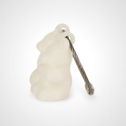 Two white polylactic acid created using additive manufacturing gummy bear cap clips on steel cable keyring. Shown on a white background.