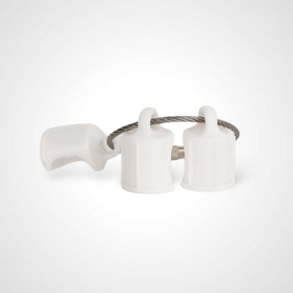 Three white polylactic acid created using additive manufacturing faux flush cap clip on steel cable keyring. Shown on a white background.