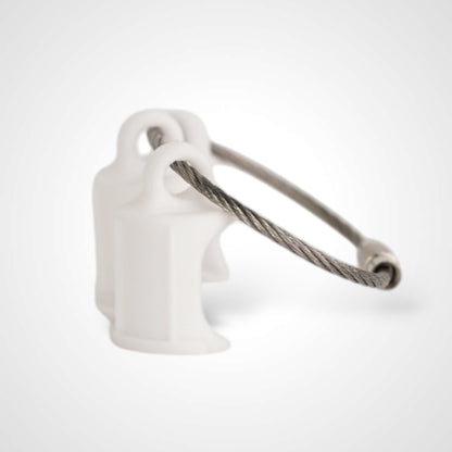 Three white polylactic acid created using additive manufacturing faux flush cap clip on steel cable keyring. Shown on a white background.