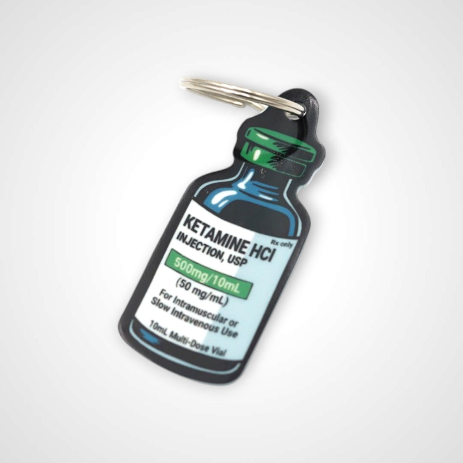 Ketamine vial cast acrylic keychain with double coil keyring. Shown on white background.