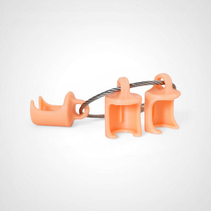 Three orange polylactic acid created using additive manufacturing classic cap clips on steel cable keyring. Shown on a white background.