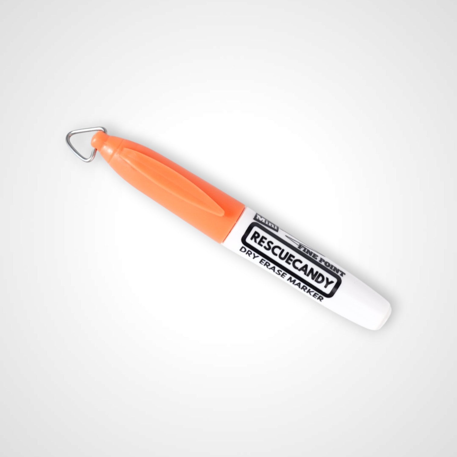 Orange dry erase keychain with Rescuecandy logo.