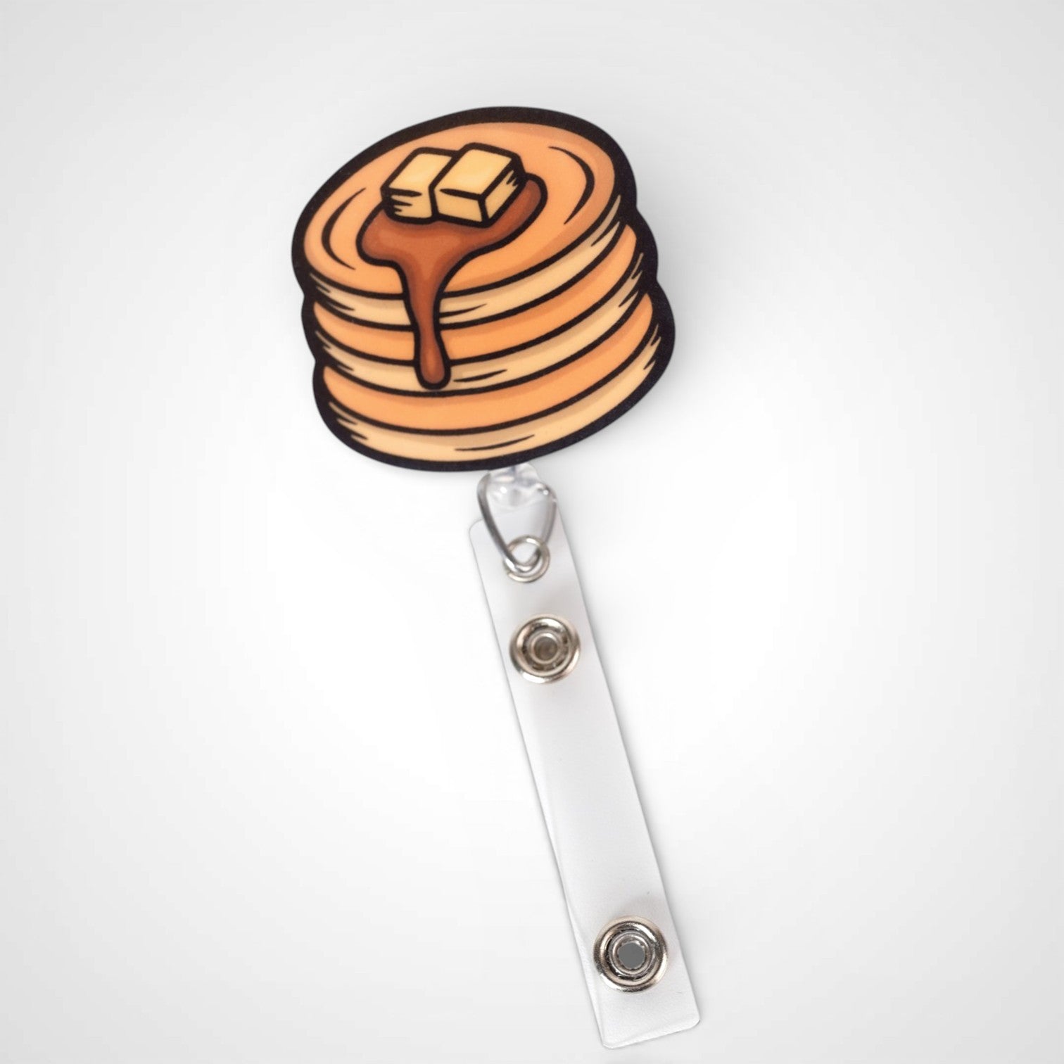 Pancake badge reel. On a swivel-alligator clip that rotates 360° with a nylon retractable string. Shown on a white background.