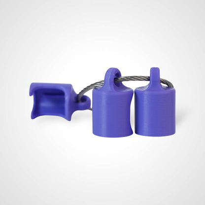 Three purple polylactic acid created using additive manufacturing classic cap clips on steel cable keyring. Shown on a white background.