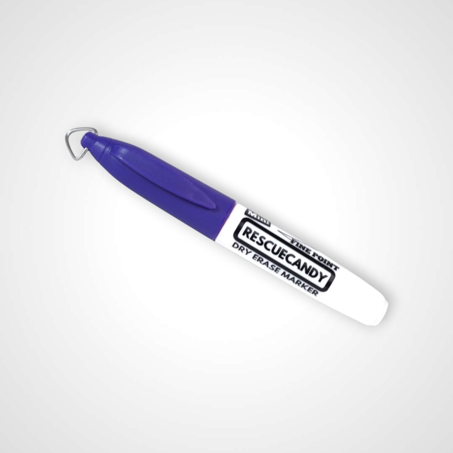 Purple dry erase keychain with Rescuecandy logo.