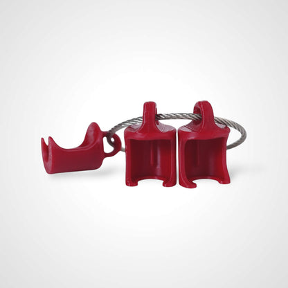 Three red polylactic acid created using additive manufacturing classic cap clip on steel cable keyring. Shown on white background.