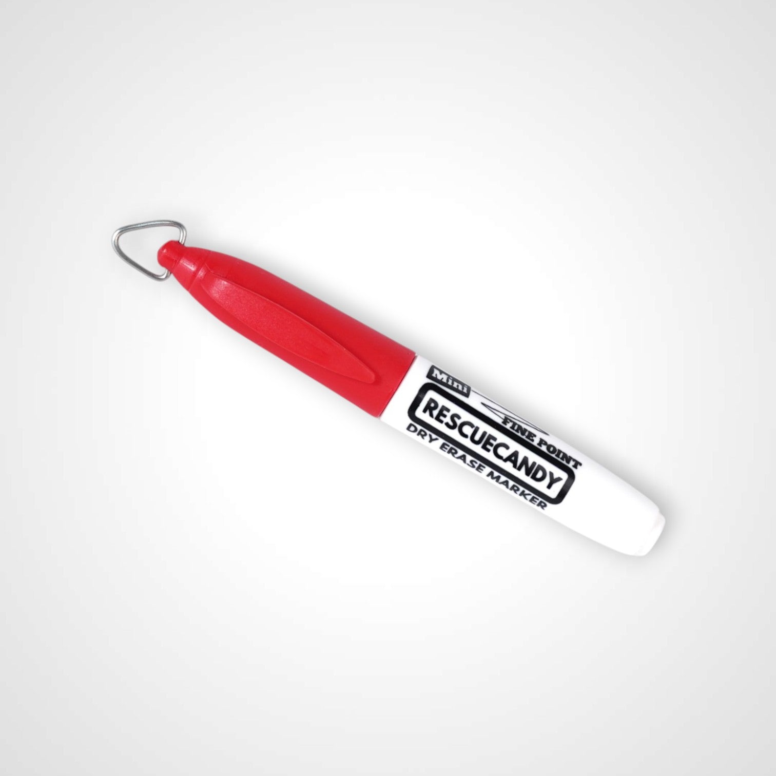 Red dry erase keychain with Rescuecandy logo.