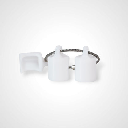 Three white polylactic acid created using additive manufacturing classic cap clips on steel cable keyring. Shown on a white background.
