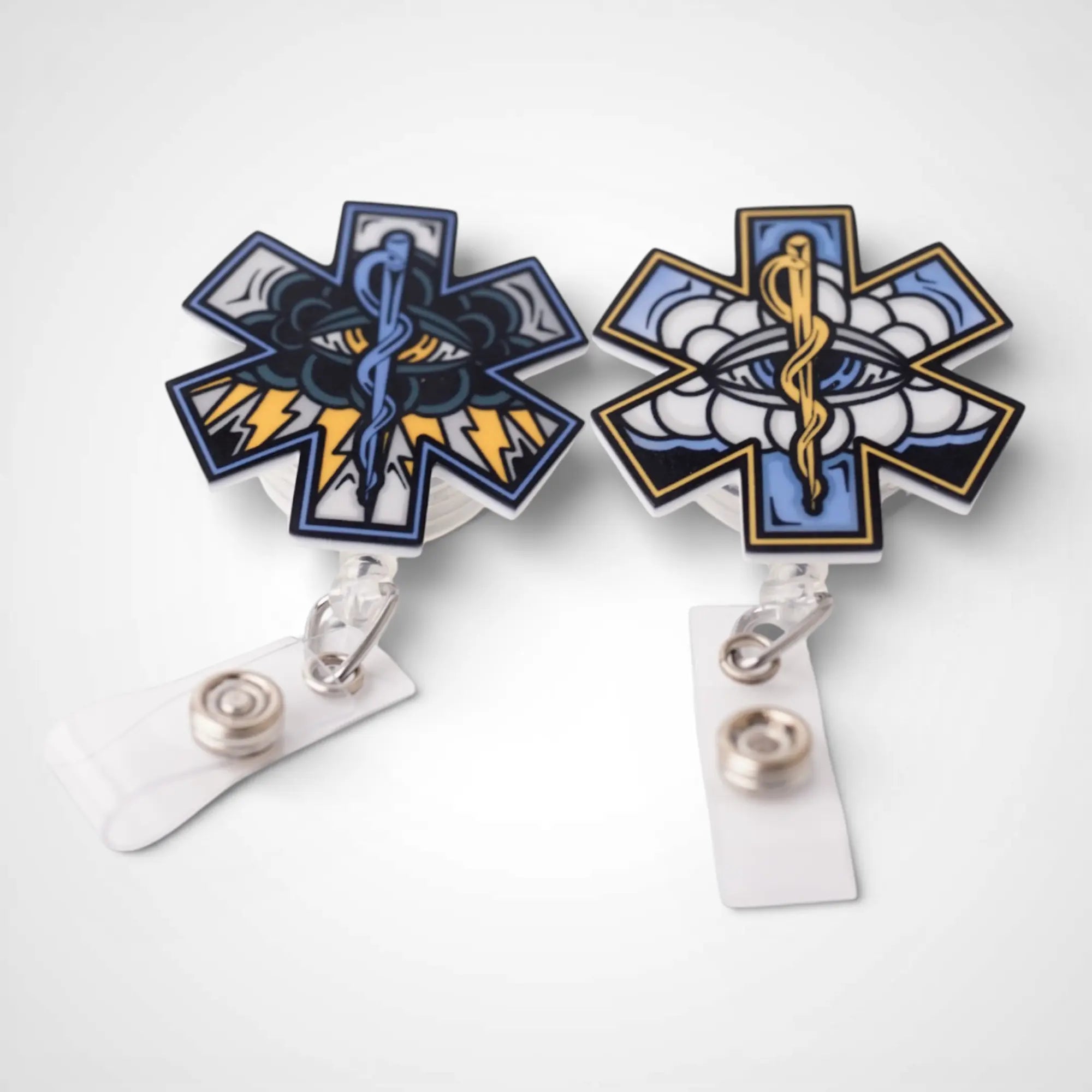 Black and White Cloud Partner Set badge reel. On a swivel-alligator clip that rotates 360° with a nylon retractable string. Shown on a white background.