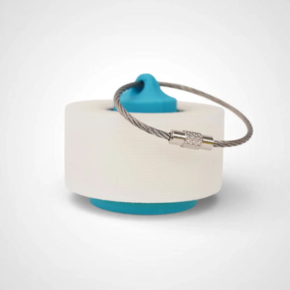 a compact utility keychain called a blue roll holder 1 inch tall to hold and tape transpore tape cohesive bandage coban and bangade rolls for EMS, paramedics, EMT's, nurses, flightmed, vetmed, and athletic trainers