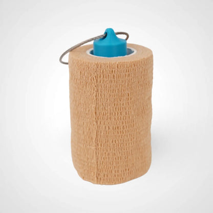 a compact utility keychain called a blue roll holder 3 inches tall to hold and tape transpore tape cohesive bandage coban and bangade rolls for EMS, paramedics, EMT's, nurses, flightmed, vetmed, and athletic trainers