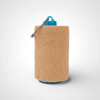 a compact utility keychain called a blue roll holder 3 inches tall to hold and tape transpore tape cohesive bandage coban and bangade rolls for EMS, paramedics, EMT's, nurses, flightmed, vetmed, and athletic trainers
