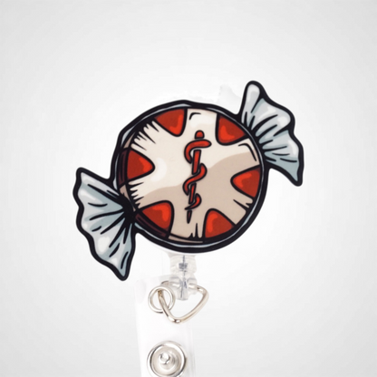 peppermint star of life badge reel design made for EMS workers emts, paramedics. alligator clip badge reel EMS holiday christmas gift zoomed in